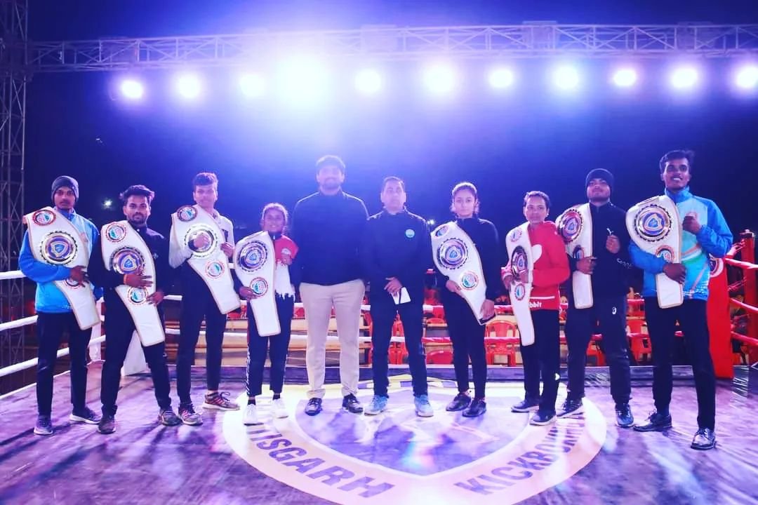 Chhattisgarh Kickboxing League title belt winners in the ring